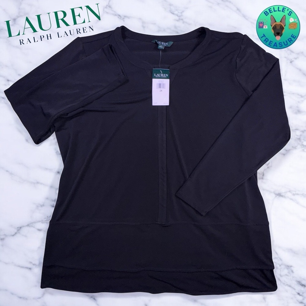 Ralph Lauren LRL Blouse Women 2XL Black Liquid Knit 3/4 Sleeve Tiered Stretch